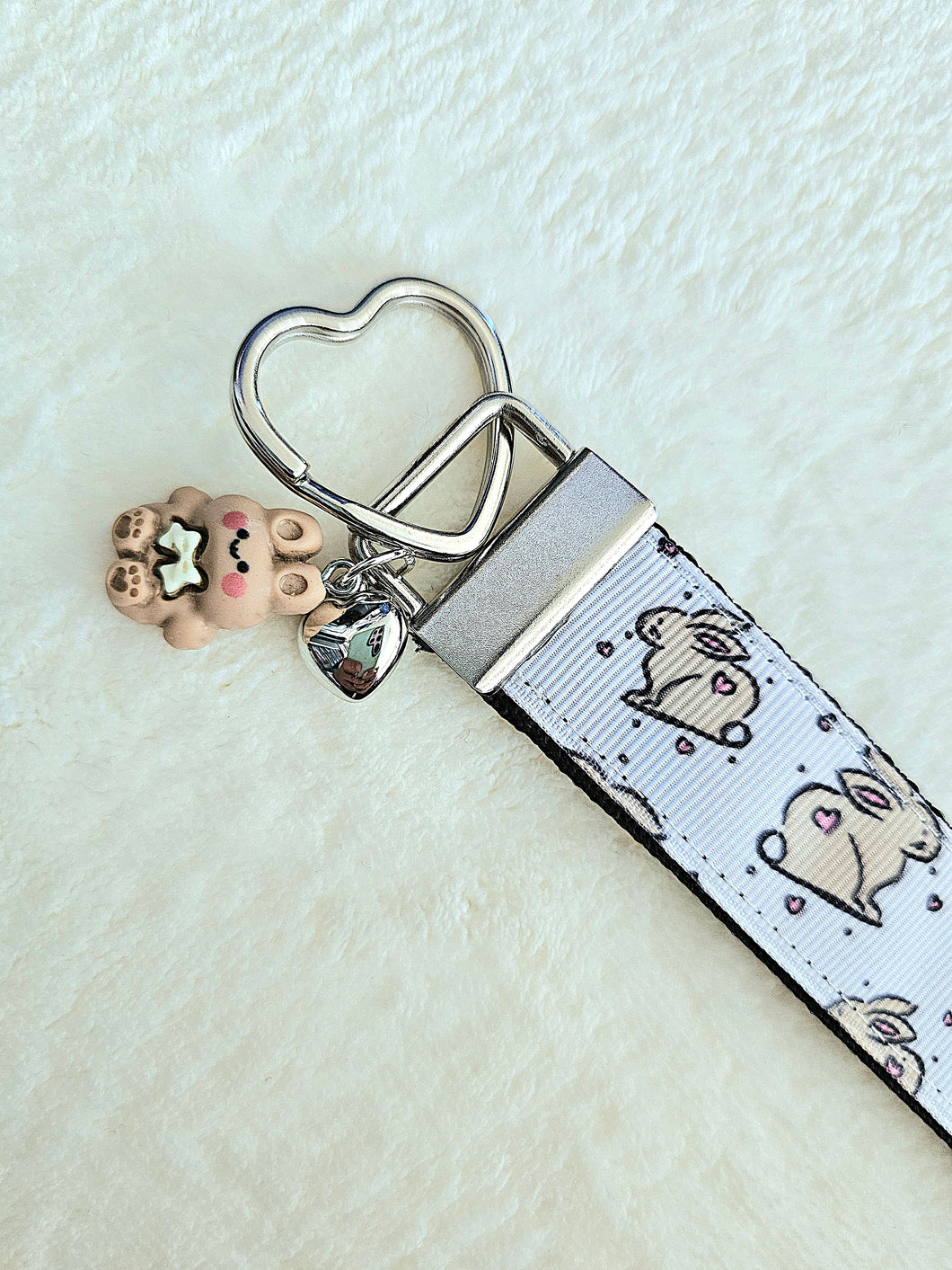 Bunnies with Hearts on Silver Key Chain Fob with Rose Charm