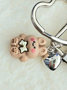 Bunnies with Hearts on Silver Key Chain Fob with Rose Charm