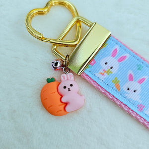 Bunnies with Carrots & Flowers on Light Blue Yellow Gold Key Chain Fob with Enameled Bunny Charm