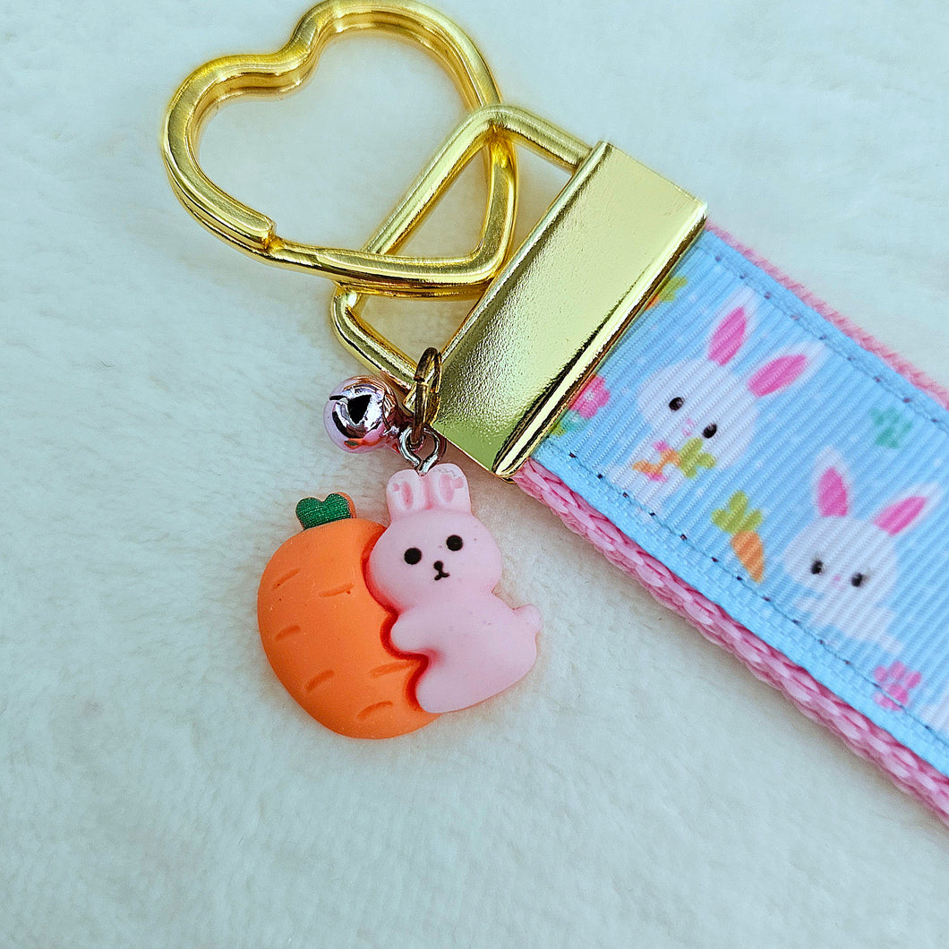 Bunnies with Carrots & Flowers on Light Blue Yellow Gold Key Chain Fob with Enameled Bunny Charm