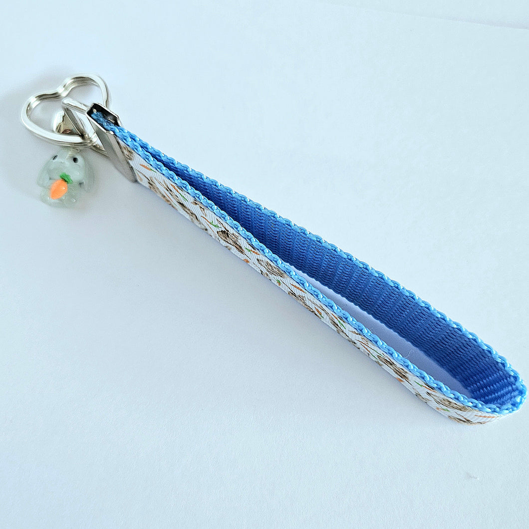 Bunnies with Carrots on White Heart Key Fob Wristlet on Silver or Rainbow