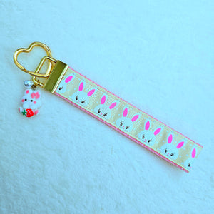 Bunnies with Glittery Faces Key Chain Fob with Yellow Gold Clasp and Cute Enameled Bunny Charm