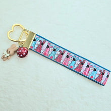 Load image into Gallery viewer, Bunnies with Bows Stars and Polka Dots Key Chain Fob your choice of hardware color
