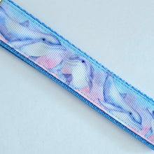 Load image into Gallery viewer, Dolphins in Watercolor Pink Blue Waters on Yellow Gold Key Chain Fob  with Dolphin Charm
