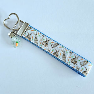 Bunnies with Carrots on White Heart Key Fob Wristlet on Silver or Rainbow