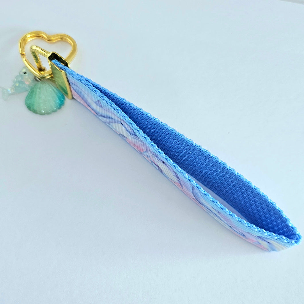 Dolphins in Watercolor Pink Blue Waters on Yellow Gold Key Chain Fob  with Dolphin Charm