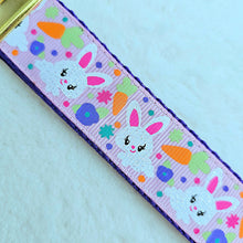 Load image into Gallery viewer, Bunny Flowers &amp; Carrots Glittery Key Chain Fob on Gold with Bunny Charm
