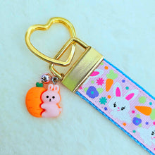Load image into Gallery viewer, Bunny Flowers &amp; Carrots Glittery Key Chain Fob on Gold with Bunny Charm
