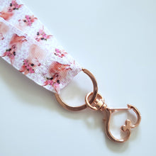 Load image into Gallery viewer, Bunnies with Wreaths on Pink Lanyard with Rose Gold Heart Clasp

