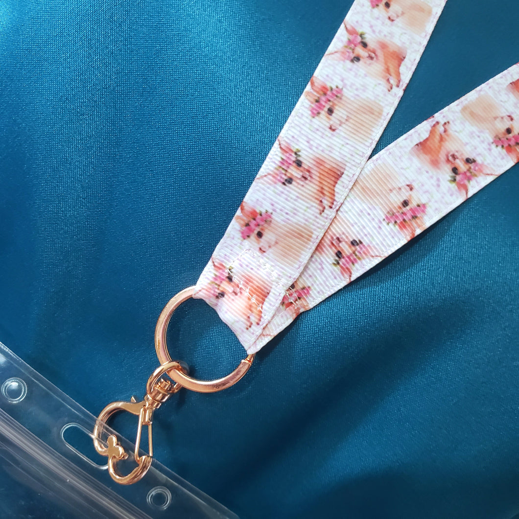 Bunnies with Wreaths on Pink Lanyard with Rose Gold Heart Clasp