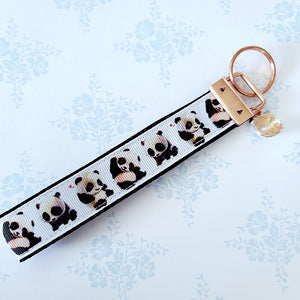 Pandas Being Adorable Key Fob Chain with Enameled Panda Charm