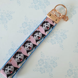 Husky on Rose Gold Key Chain Fob includes Enameled Paw Print Charm