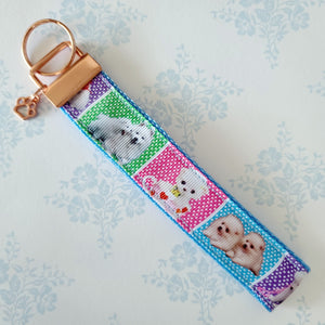 White Samoyed Eskimo White Fluffy Dog & Puppies Key Chain Fob with Enameled Paw Print Charm