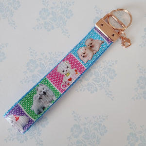 White Samoyed Eskimo White Fluffy Dog & Puppies Key Chain Fob with Enameled Paw Print Charm