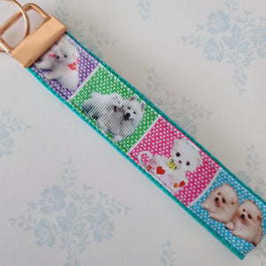 White Samoyed Eskimo White Fluffy Dog & Puppies Key Chain Fob with Enameled Paw Print Charm