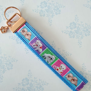White Samoyed Eskimo White Fluffy Dog & Puppies Key Chain Fob with Enameled Paw Print Charm