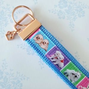 White Samoyed Eskimo White Fluffy Dog & Puppies Key Chain Fob with Enameled Paw Print Charm