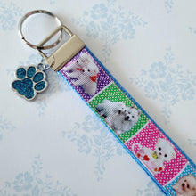 Load image into Gallery viewer, White Samoyed Eskimo White Fluffy Dog &amp; Puppies Key Chain Fob with Enameled Paw Print Charm
