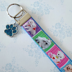 White Samoyed Eskimo White Fluffy Dog & Puppies Key Chain Fob with Enameled Paw Print Charm