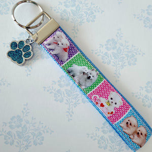 White Samoyed Eskimo White Fluffy Dog & Puppies Key Chain Fob with Enameled Paw Print Charm