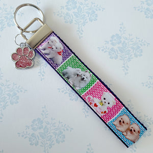 White Samoyed Eskimo White Fluffy Dog & Puppies Key Chain Fob with Enameled Paw Print Charm
