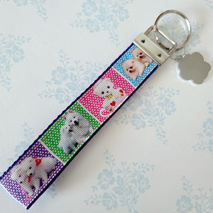 White Samoyed Eskimo White Fluffy Dog & Puppies Key Chain Fob with Enameled Paw Print Charm