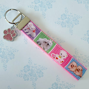 White Samoyed Eskimo White Fluffy Dog & Puppies Key Chain Fob with Enameled Paw Print Charm