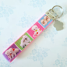 Load image into Gallery viewer, White Samoyed Eskimo White Fluffy Dog &amp; Puppies Key Chain Fob with Enameled Paw Print Charm
