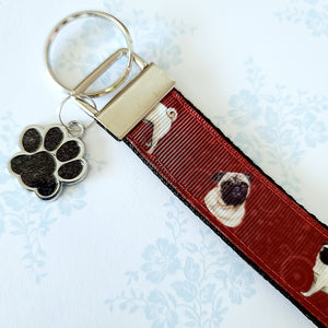Pugs and Swirls Key Fob with Enameled Paw Print Charm