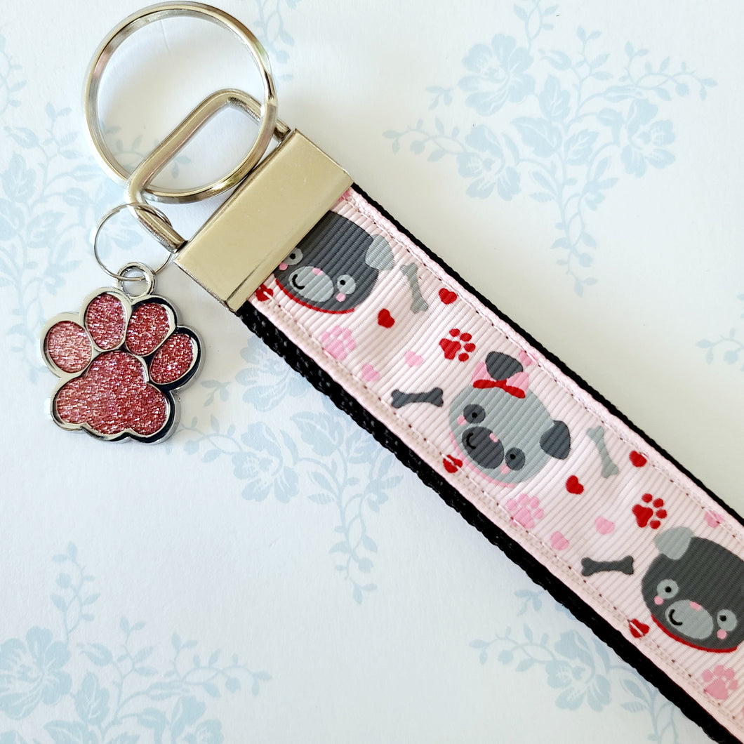 Pugs in Love Key Chain Fob with Enameled Paw Charm