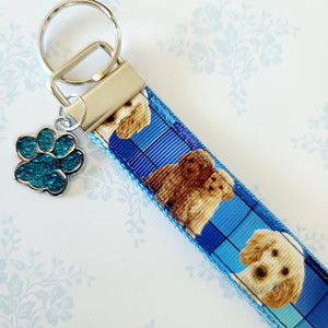 Labradoodle Key Fob / Key Chain with Glittery Paw Print Charm