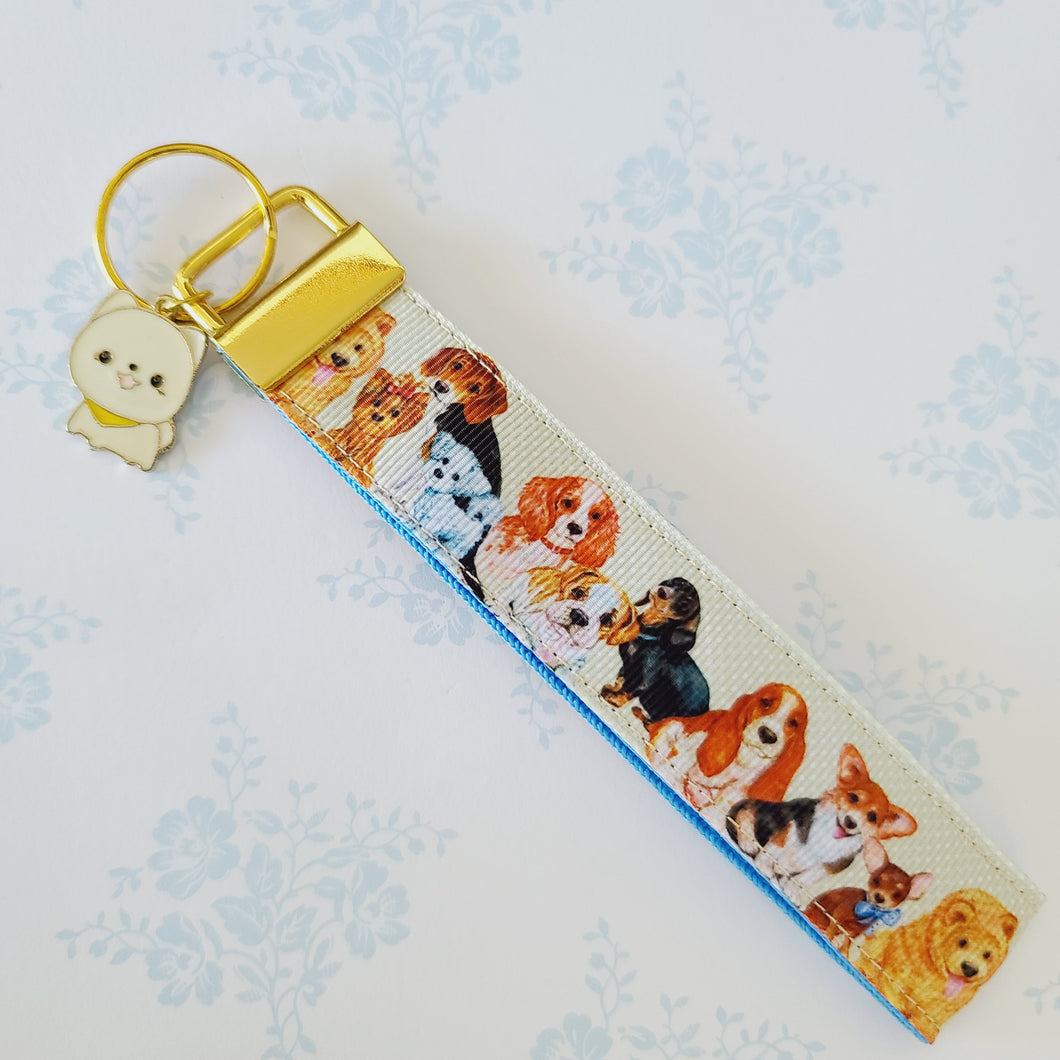 Cute Dogs on Gold Key Chain Fob with Cute Enameled Happy Dog Charm