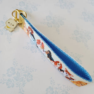Cute Dogs on Gold Key Chain Fob with Cute Enameled Happy Dog Charm