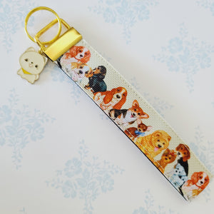 Cute Dogs on Gold Key Chain Fob with Cute Enameled Happy Dog Charm