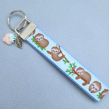 Load image into Gallery viewer, Sleepy Sloths on Blue Silver Key Chain Fob with Charm
