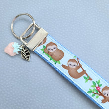 Load image into Gallery viewer, Sleepy Sloths on Blue Silver Key Chain Fob with Charm
