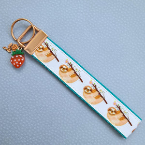 Sloths and Flowers Key Chain Fob with Strawberry and Leaf Charm
