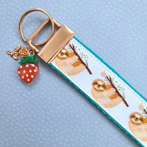 Sloths and Flowers Key Chain Fob with Strawberry and Leaf Charm