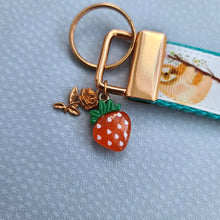 Load image into Gallery viewer, Sloths and Flowers Key Chain Fob with Strawberry and Leaf Charm
