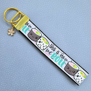 Sushi "This is How I Roll" Gold Key Chain Fob with Enameled Sakura Charm