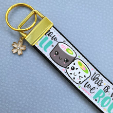 Load image into Gallery viewer, Sushi &quot;This is How I Roll&quot; Gold Key Chain Fob with Enameled Sakura Charm
