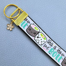 Load image into Gallery viewer, Sushi &quot;This is How I Roll&quot; Gold Key Chain Fob with Enameled Sakura Charm
