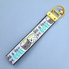 Load image into Gallery viewer, Sushi &quot;This is How I Roll&quot; Gold Key Chain Fob with Enameled Sakura Charm
