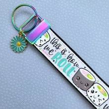 Load image into Gallery viewer, Sushi &quot;This is How I Roll&quot; Gold Key Chain Fob with Enameled Sakura Charm
