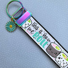 Load image into Gallery viewer, Sushi &quot;This is How I Roll&quot; Gold Key Chain Fob with Enameled Sakura Charm
