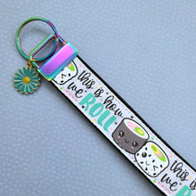 Load image into Gallery viewer, Sushi &quot;This is How I Roll&quot; Gold Key Chain Fob with Enameled Sakura Charm
