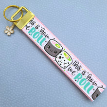 Load image into Gallery viewer, Sushi &quot;This is How I Roll&quot; Gold Key Chain Fob with Enameled Sakura Charm
