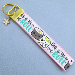 Sushi "This is How I Roll" Gold Key Chain Fob with Enameled Sakura Charm