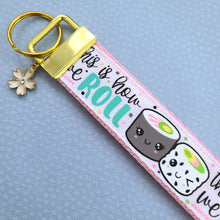 Load image into Gallery viewer, Sushi &quot;This is How I Roll&quot; Gold Key Chain Fob with Enameled Sakura Charm
