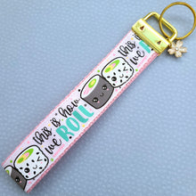 Load image into Gallery viewer, Sushi &quot;This is How I Roll&quot; Gold Key Chain Fob with Enameled Sakura Charm
